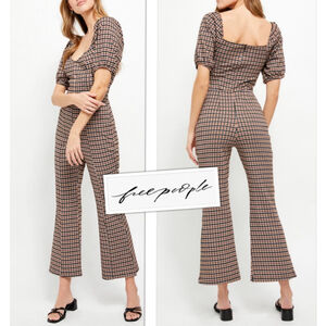 Free People Twee Dark Academia Oxford Plaid Knit Flared Jumpsuit size XS